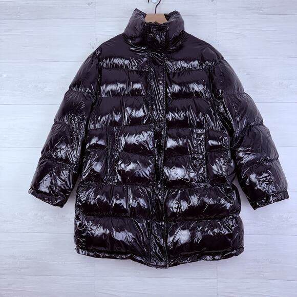 Zara Oversized Puffer Coat Glossy Shiny Jacket Size Medium Black Vogue Runway - Picture 2 of 16